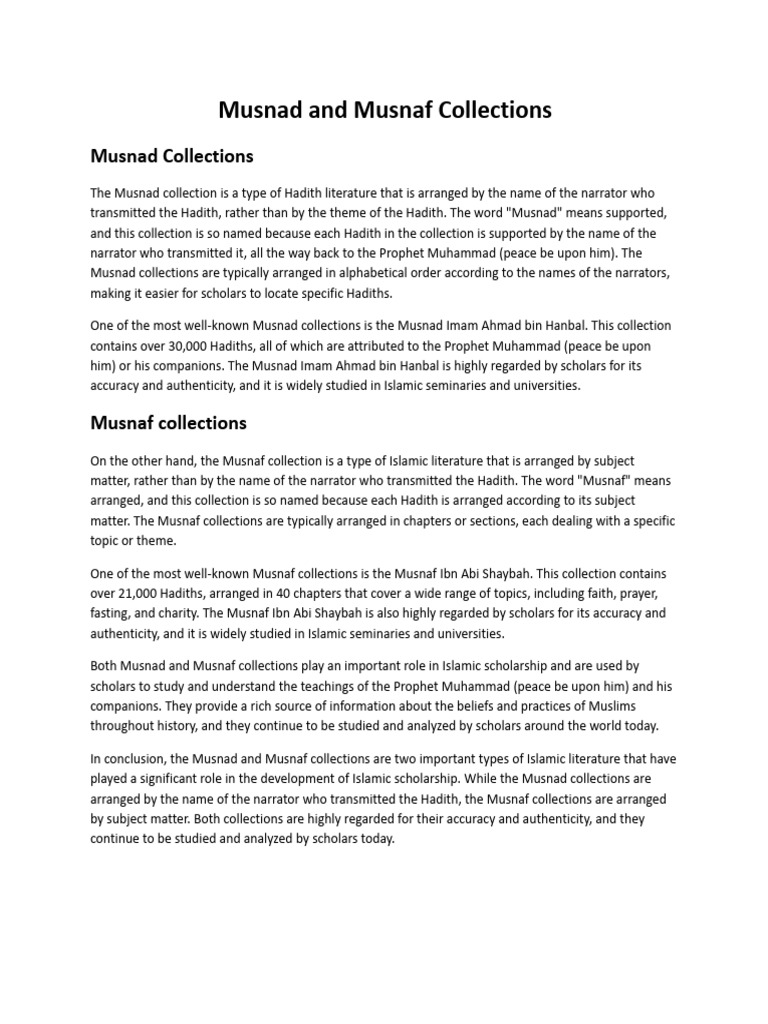 Musnad and Musnaf Collections | PDF | Hadith | Islamic Ethics