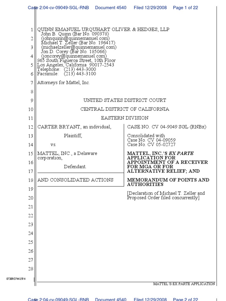 Mattel Motion For Appointment of Receiver PDF Receivership Fifth Amendment To The United