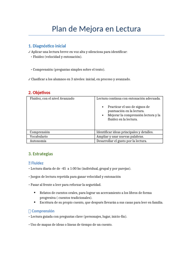 Plan Mejora Lectura 2grado Colores | PDF | Comprensión lectora ...