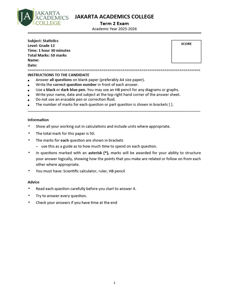 Statistics Grade12 Term 1 Exam | PDF | Probability Distribution ...