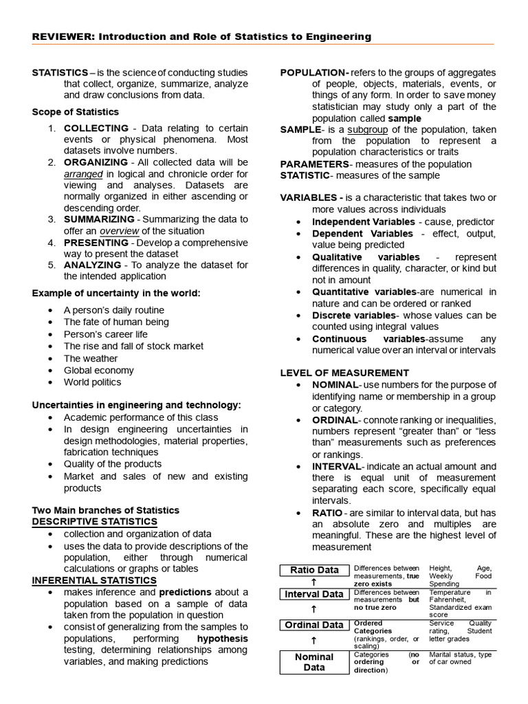REVIEWER - Introduction and Role of Statistics To Engineering | PDF ...