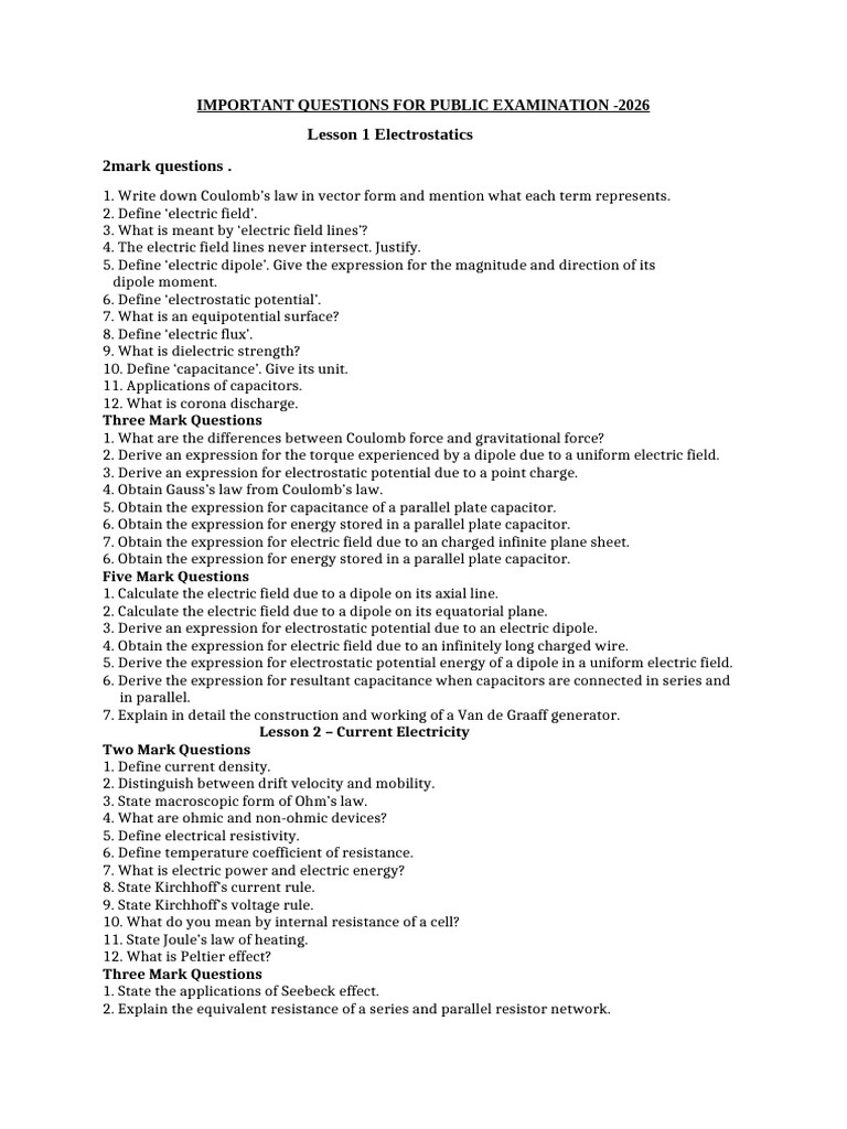 Important Questions For Public Exam 2026 . | PDF | Optics | Inductance