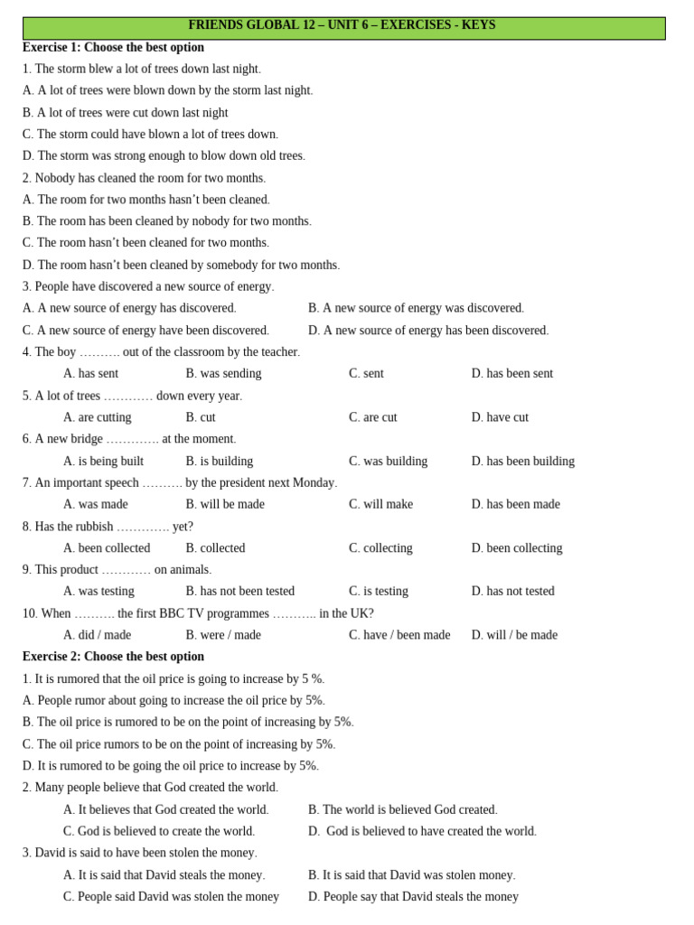 FG12 - UNIT 6 - EXERCISES - ĐỀ | PDF | Flour | Wheat