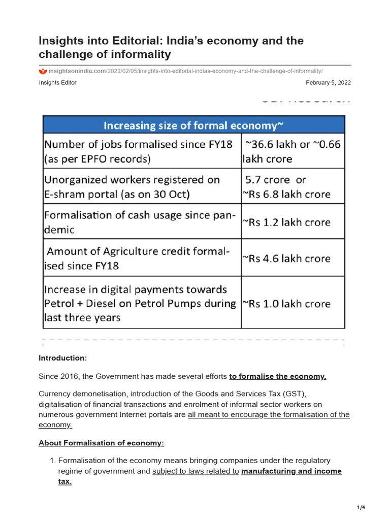 Insights Into Editorial Indias Economy and The Challenge of Informality ...
