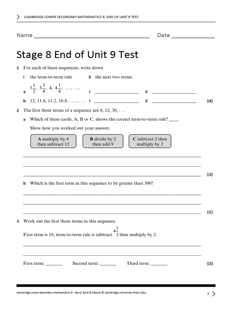 Stage 8 End of Unit 9 Test | PDF | Multiplication | Function (Mathematics)
