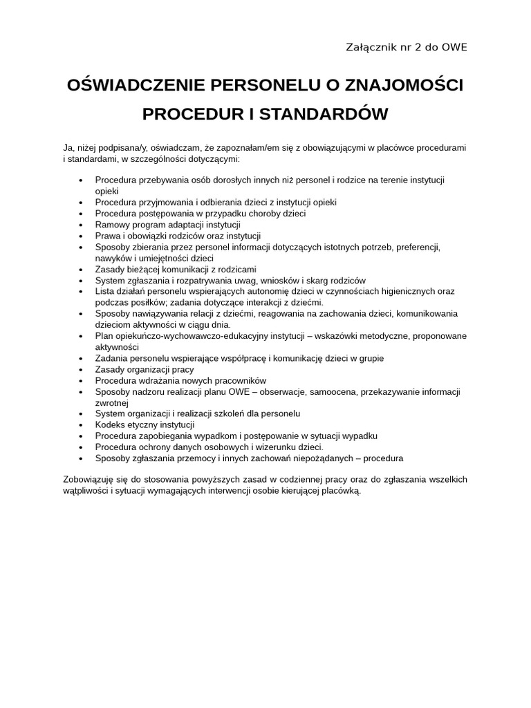 Oświadczenie Personelu Dotyczące Znajomości Zasad, Procedur, Regulaminu ...