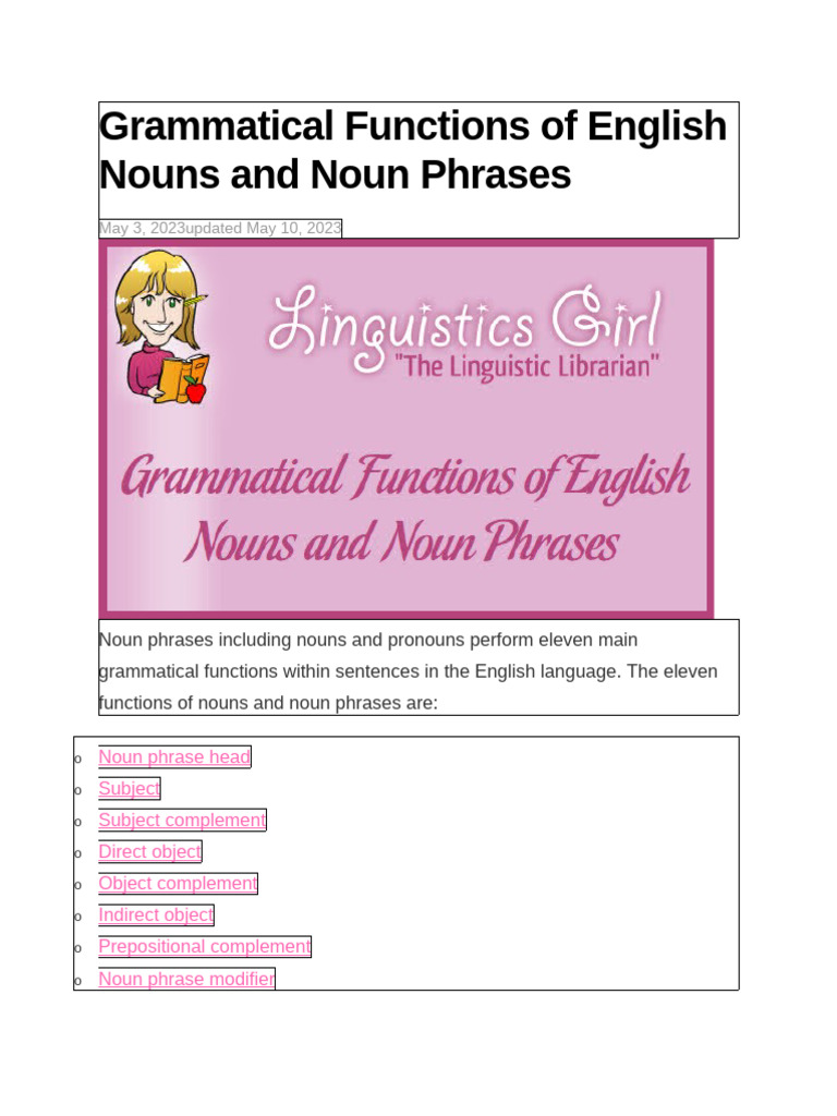Grammatical Functions of English Nouns and Noun Phrases | PDF | Subject ...