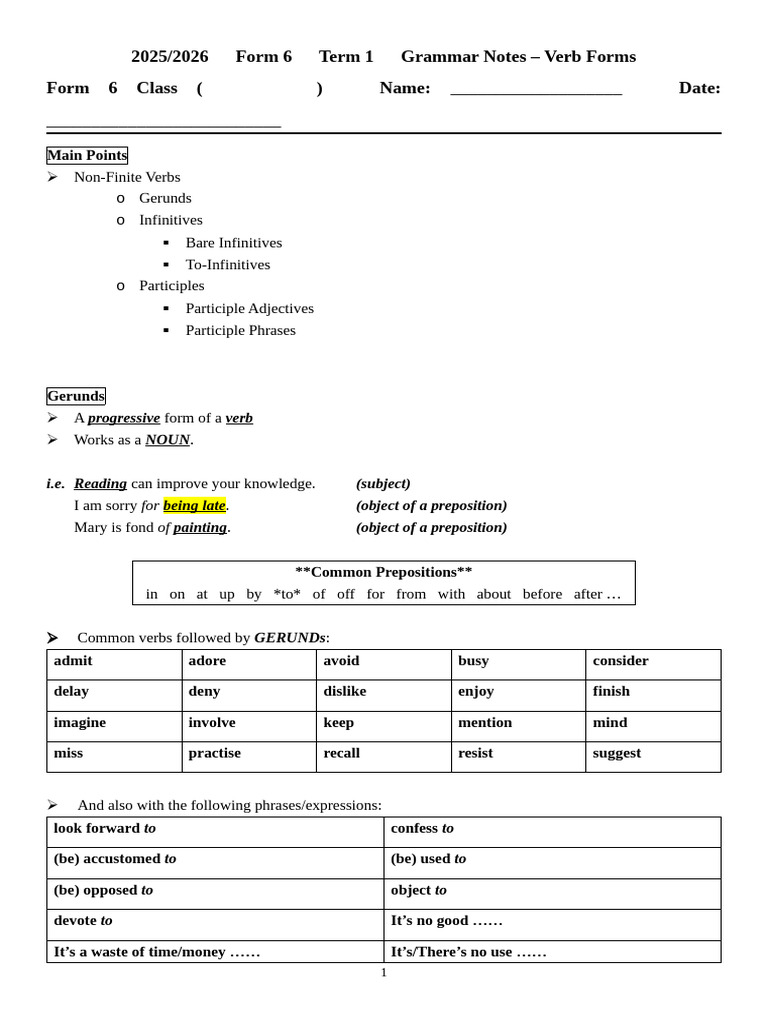 2025-2026 1st Term F6 Grammar - Verb Forms - Notes (BLANK) | PDF | Verb ...