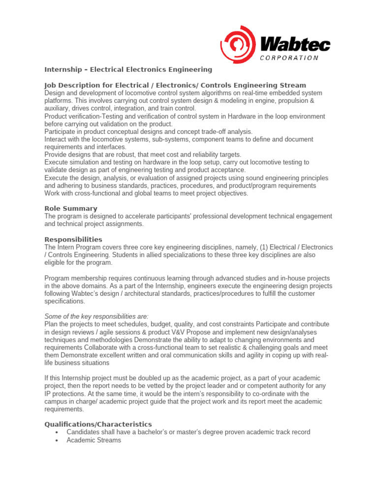 Internship - Electrical Electronics Engineering Job Description For ...
