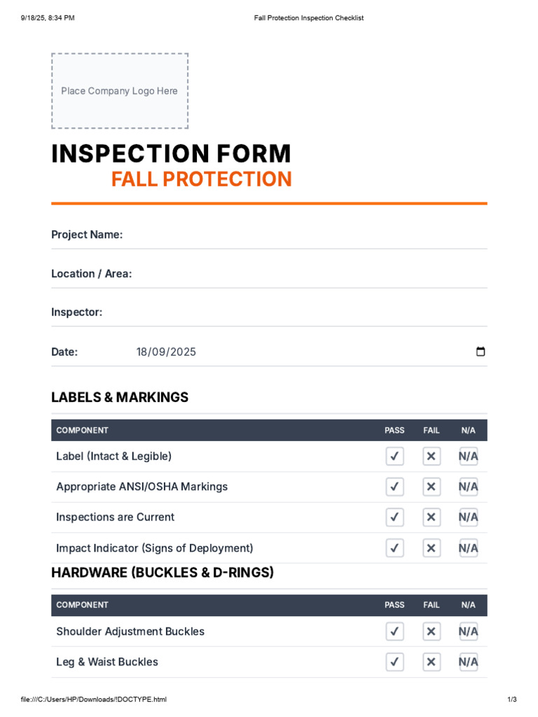 Fall Protection Inspection Checklist | PDF