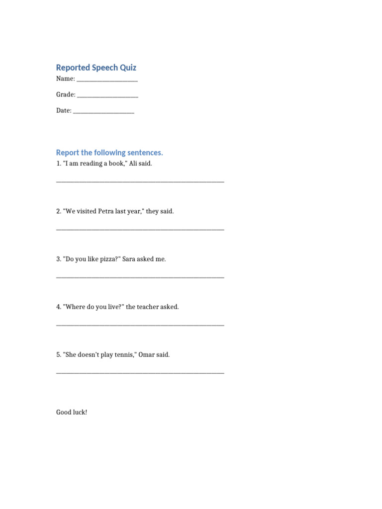 Reported Speech Quiz 5 Questions | PDF