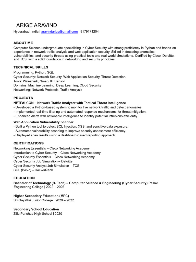 Arige Aravind Resume | PDF