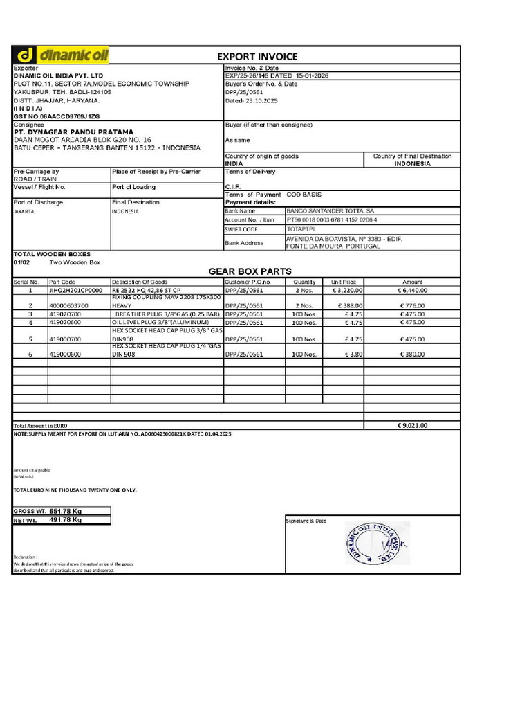 Export Invoice 146 Do - Indonesia 2025-26 | PDF