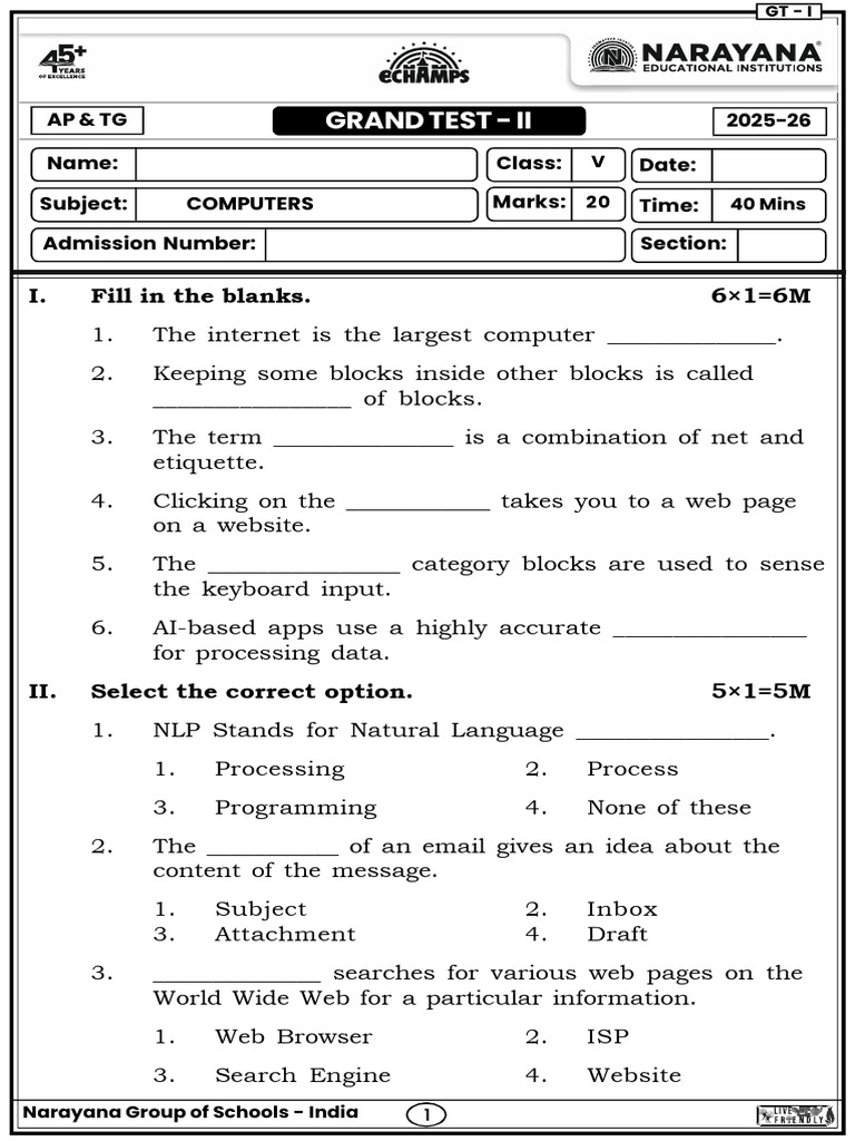 Grand Test Computer Class-5 QP | PDF | Computing | Computer Science