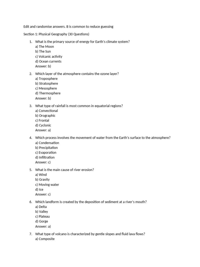 250 MCQ Editable Geo o Level | PDF | Earth | Atmosphere Of Earth