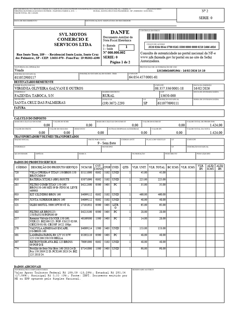 NFe VirginiaOliveira | PDF | Recibo | Documentos empresariais
