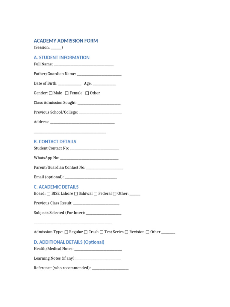 Academy Admission Form | PDF