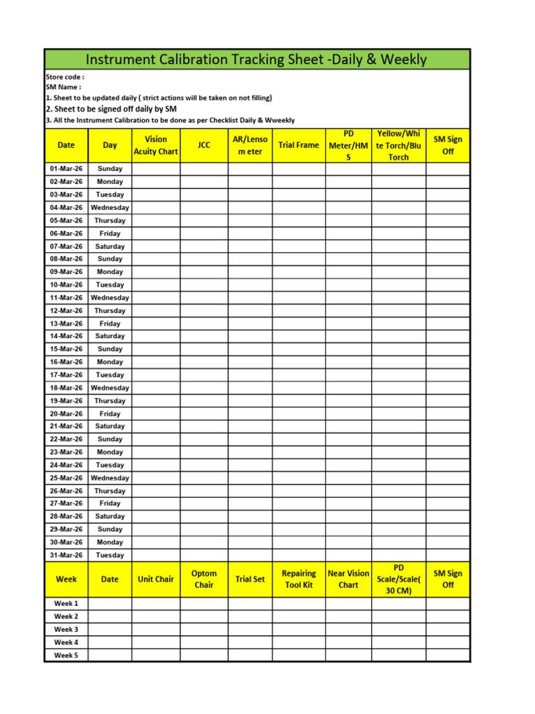 Instrument Calibration Tracking Sheet March 2026 | PDF