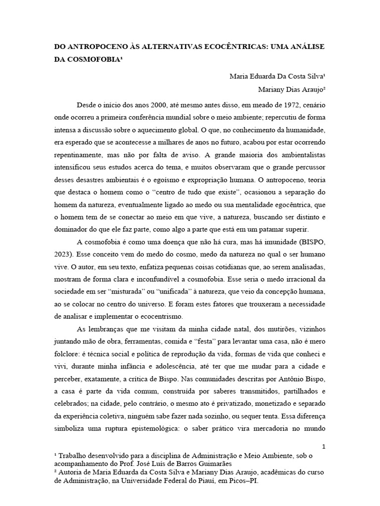 Cosmofobia - Analise Do Antropocentrismo Ao Ecocentrismo UFPI | PDF ...
