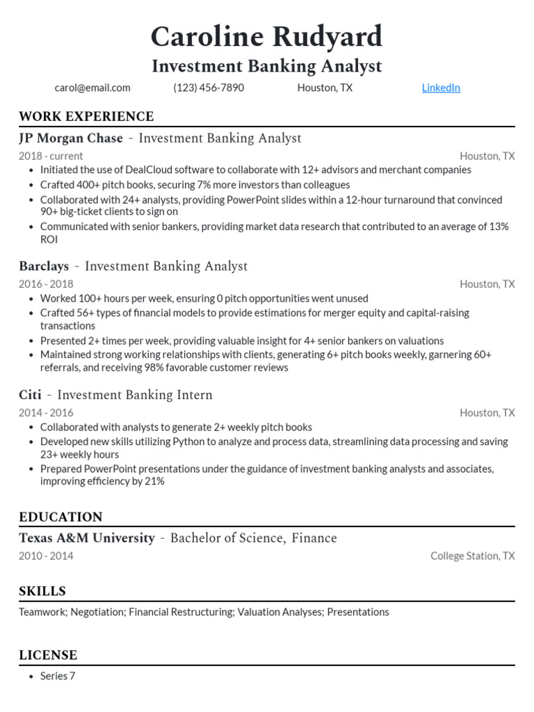 Investment Banking Analyst Professional Resume Example | PDF