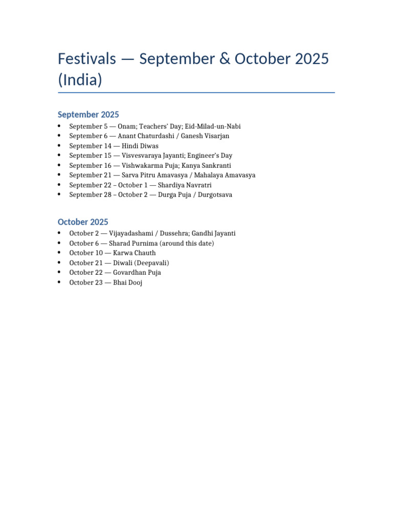 Festivals Sep Oct 2025 | PDF