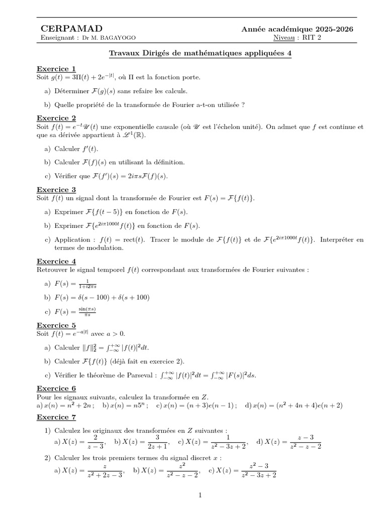 TD Math App4 RIT2 CERPAMAD 25-26 | PDF | Filtre (électronique) | Filtre ...
