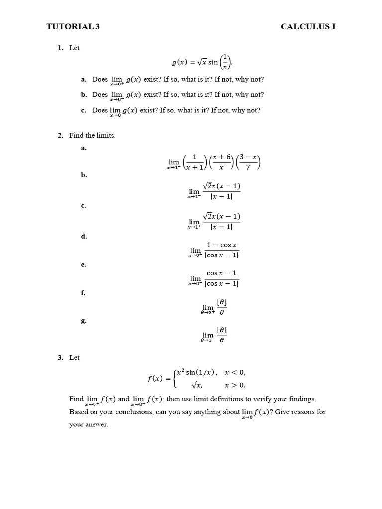 Tutorial 3 One-Sided Limits, Infinite Limits and Limits at Infinity ...