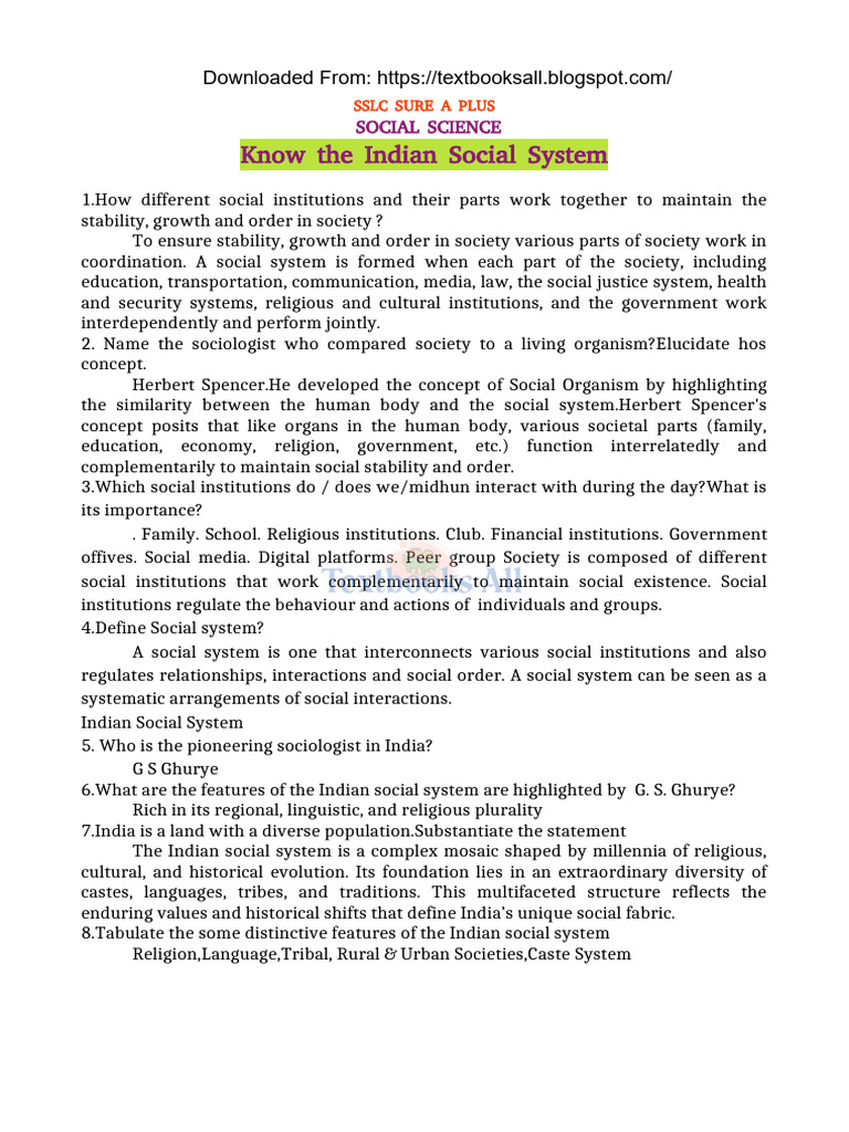 Class 10 Social Science I - Chapter 09 Know The Indian Social System ...