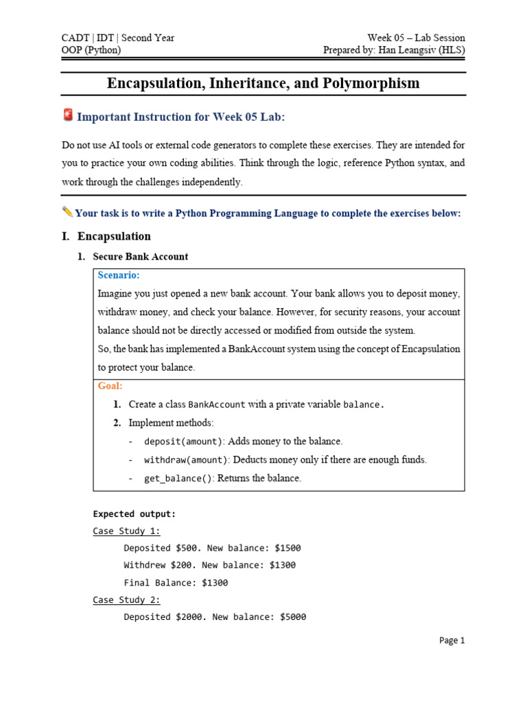 W05-Lab-Encapsulation Inheritance and Polymorphism | PDF | Inheritance ...