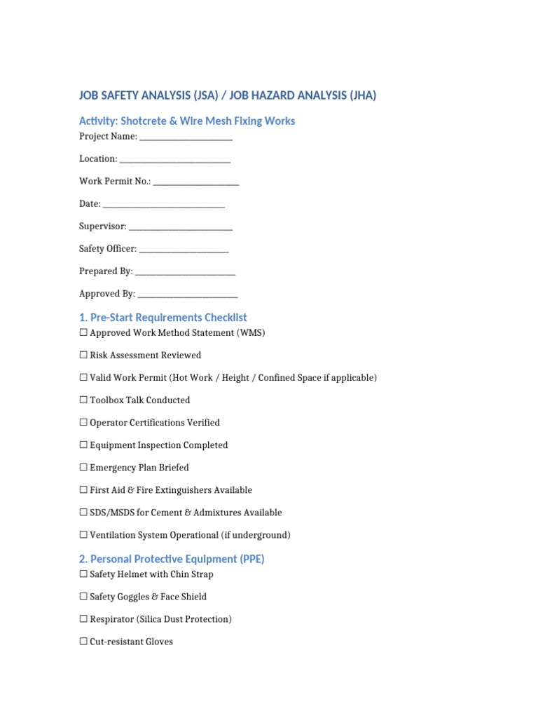 Shotcrete WireMesh JSA JHA Checklist | PDF | Personal Protective ...
