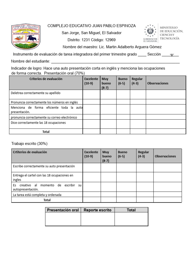 Instrumento de Evaluacion Del Primer Trimestre Octavo y Noveno | PDF