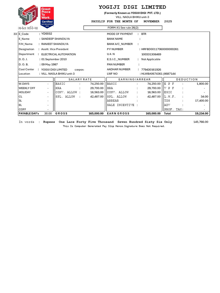 Sandeep Shandilya Salary Slip Nov-2025 | PDF | Taxes | Government Finances