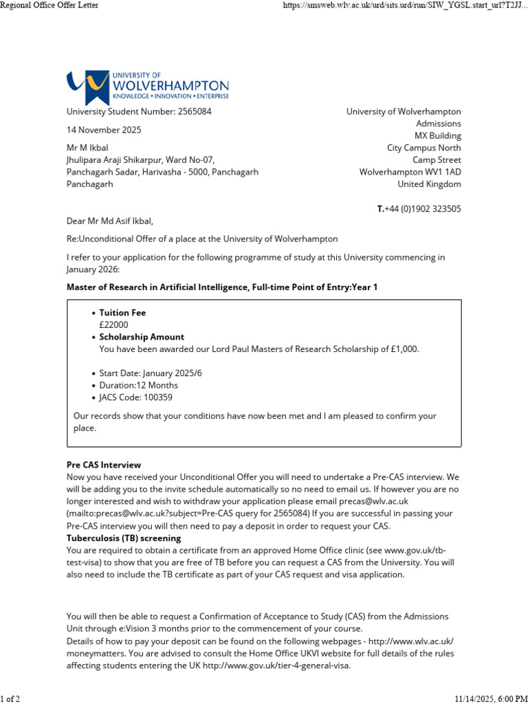 Unconditional Offer Letter - MD Asif Ikbal | PDF | Higher Education
