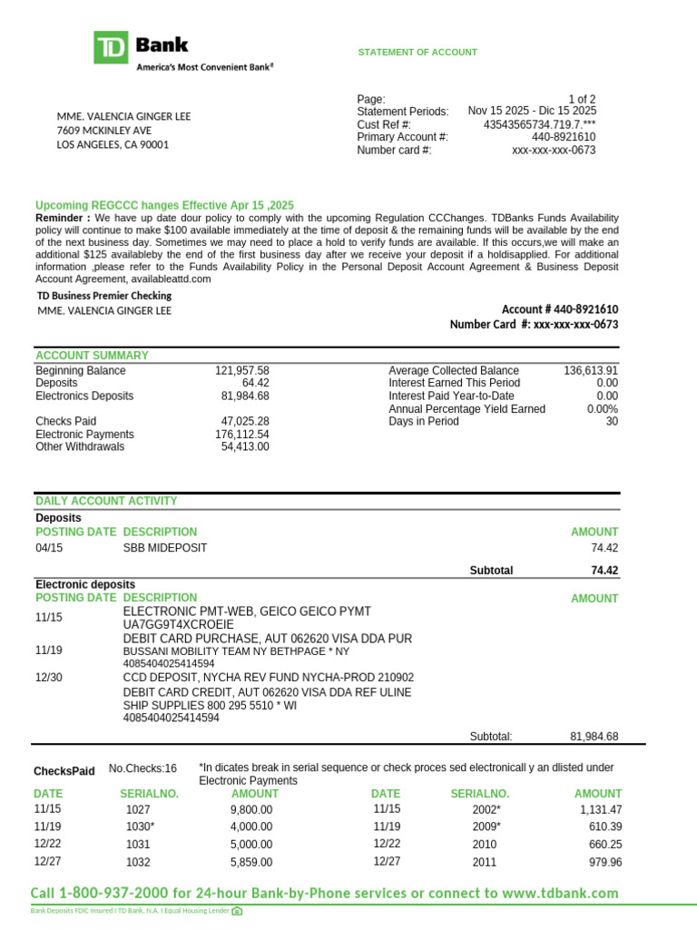 TD Bank Statement USA 2025 | PDF | Banks | Credit Card