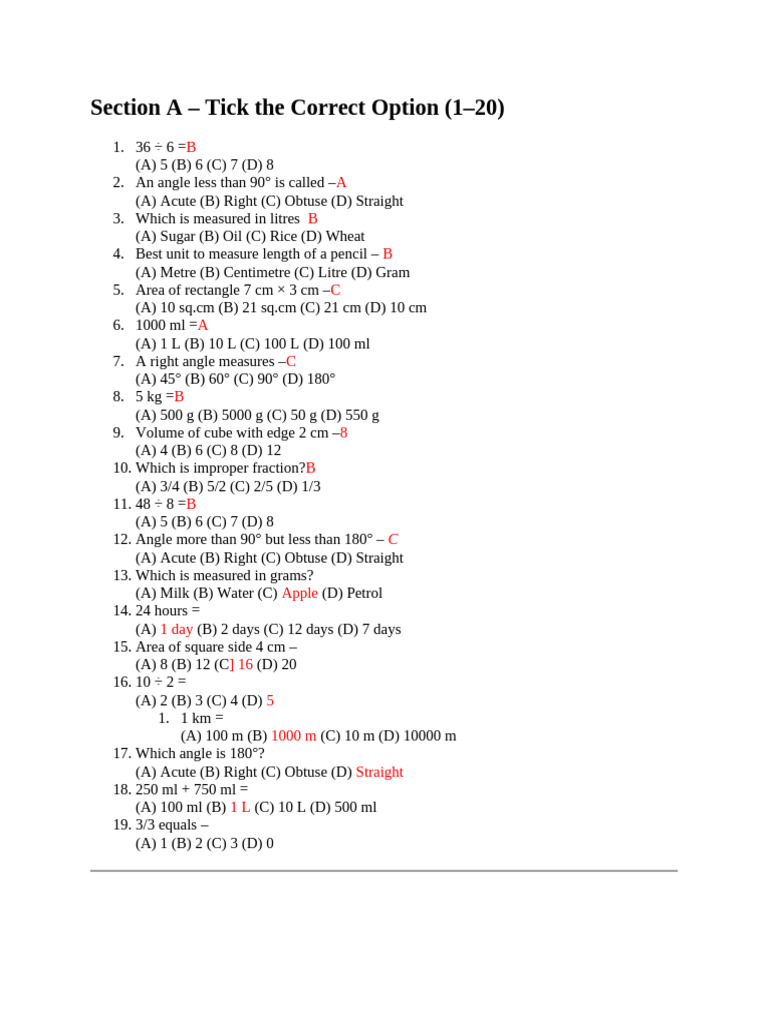 Math Paper 1for Class 4 | PDF | Litre | Volume