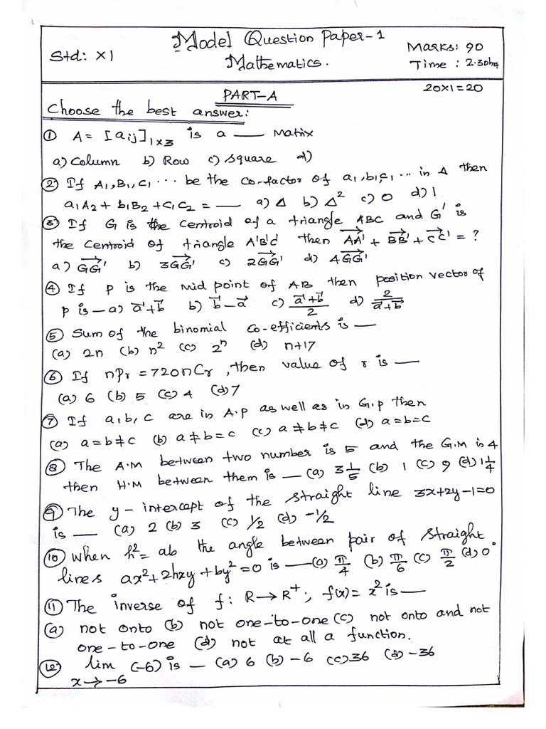 11th Maths Model Question Paper Em1 | PDF