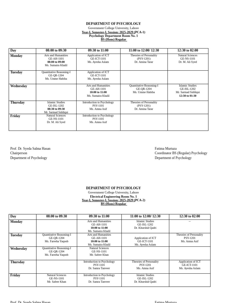 Final Semester 1 Timetable | PDF