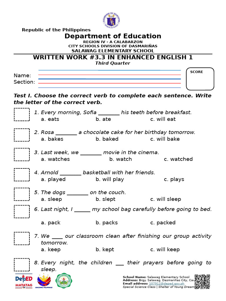 Written Work 3.3 English 2 | PDF | Grammatical Tense | Syntax