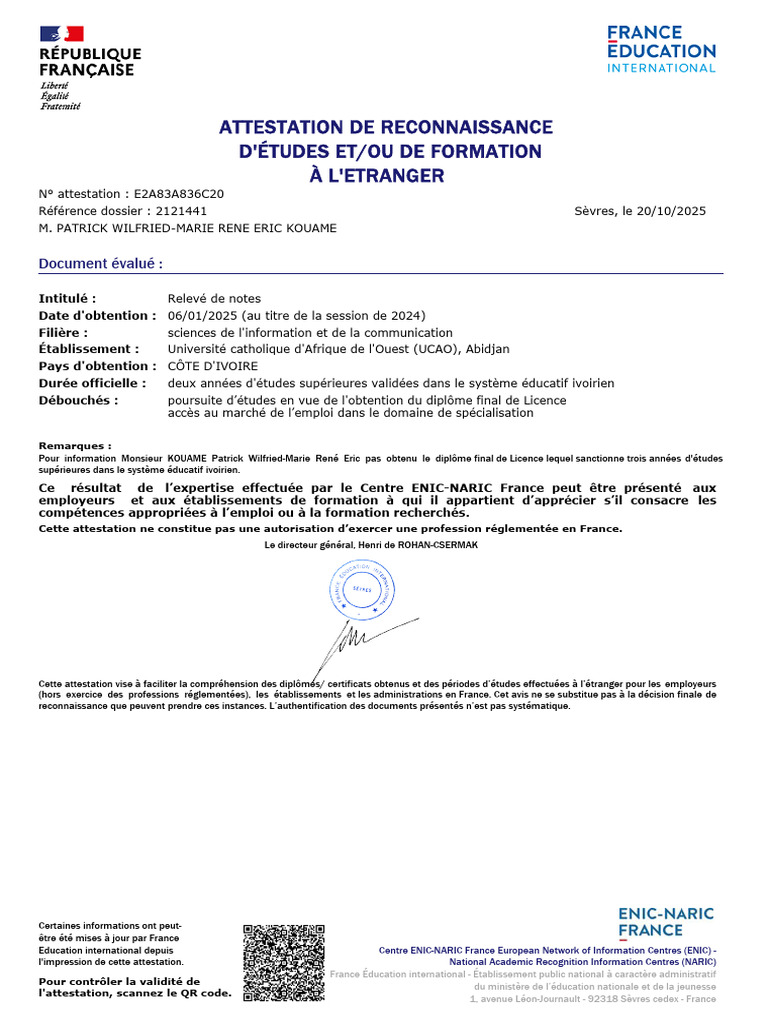 Attestation ENIC NARIC | PDF | Côte d'Ivoire