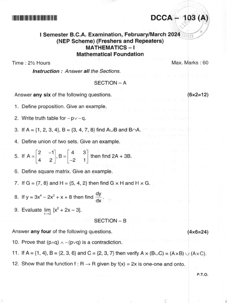 1 BCA Maths Found 2024 | PDF | Mathematics | Chess Theory