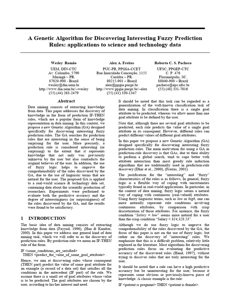 A Genetic Algorithm For Discovering Interesting Fuzzy Prediction Rules ...