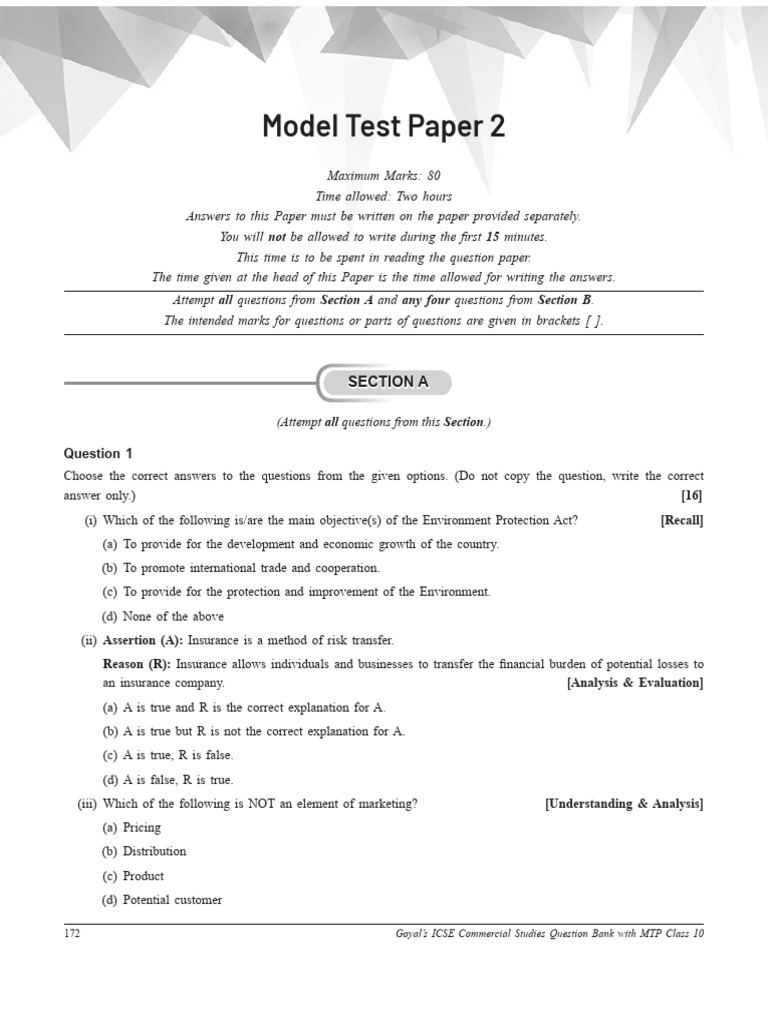 Model Test Paper 2 Commercial Study | PDF