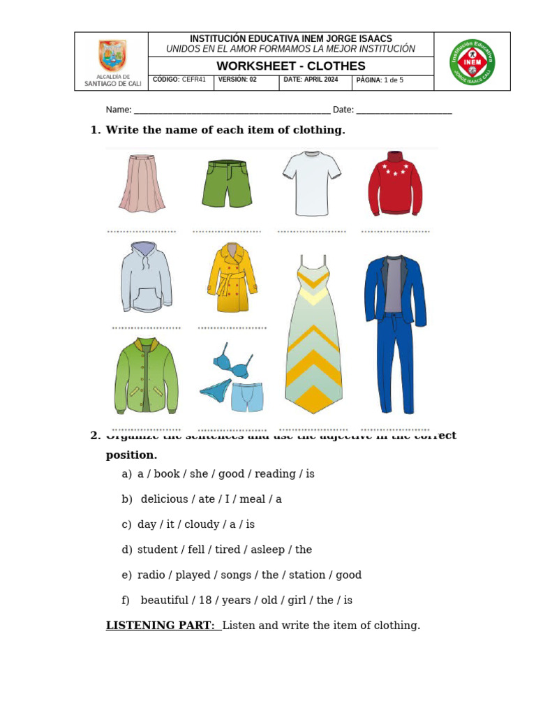 WORKSHEET - Clothing 8° 2024 | PDF | Dress Codes | Human Body