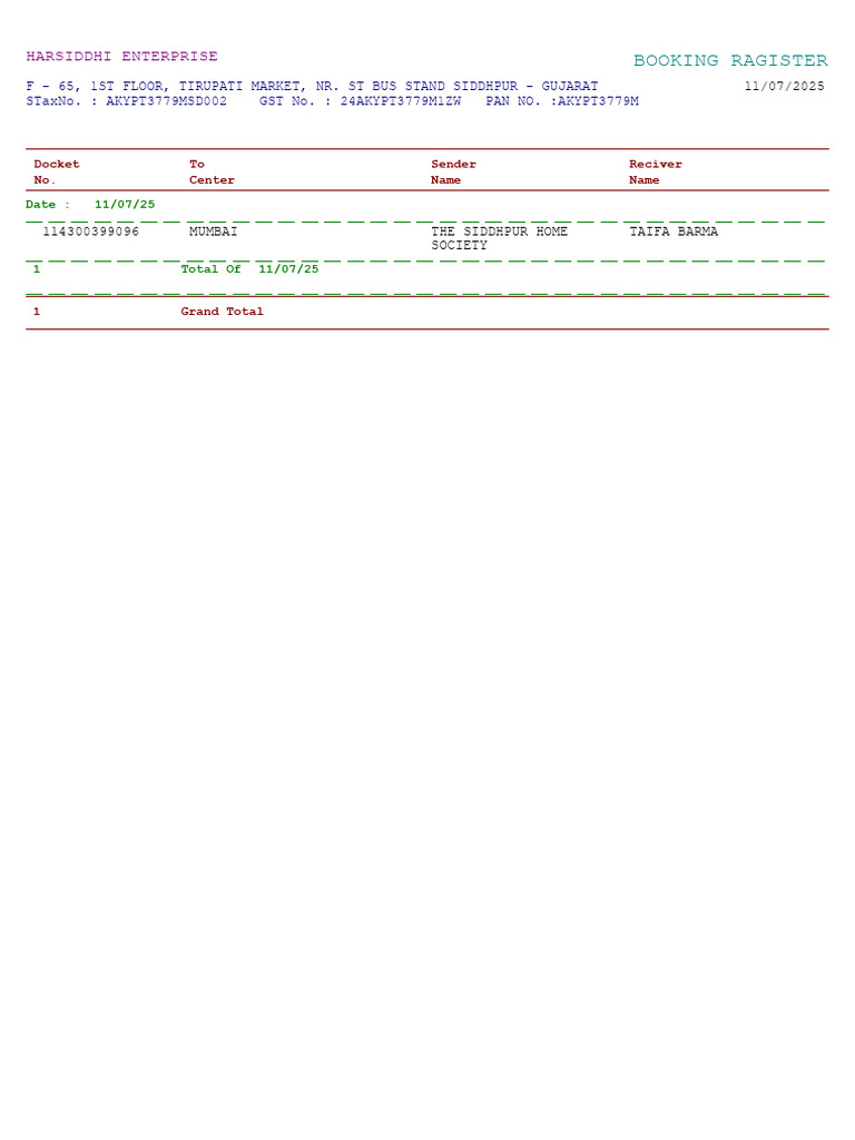 Booking Ragister: Harsiddhi Enterprise | PDF