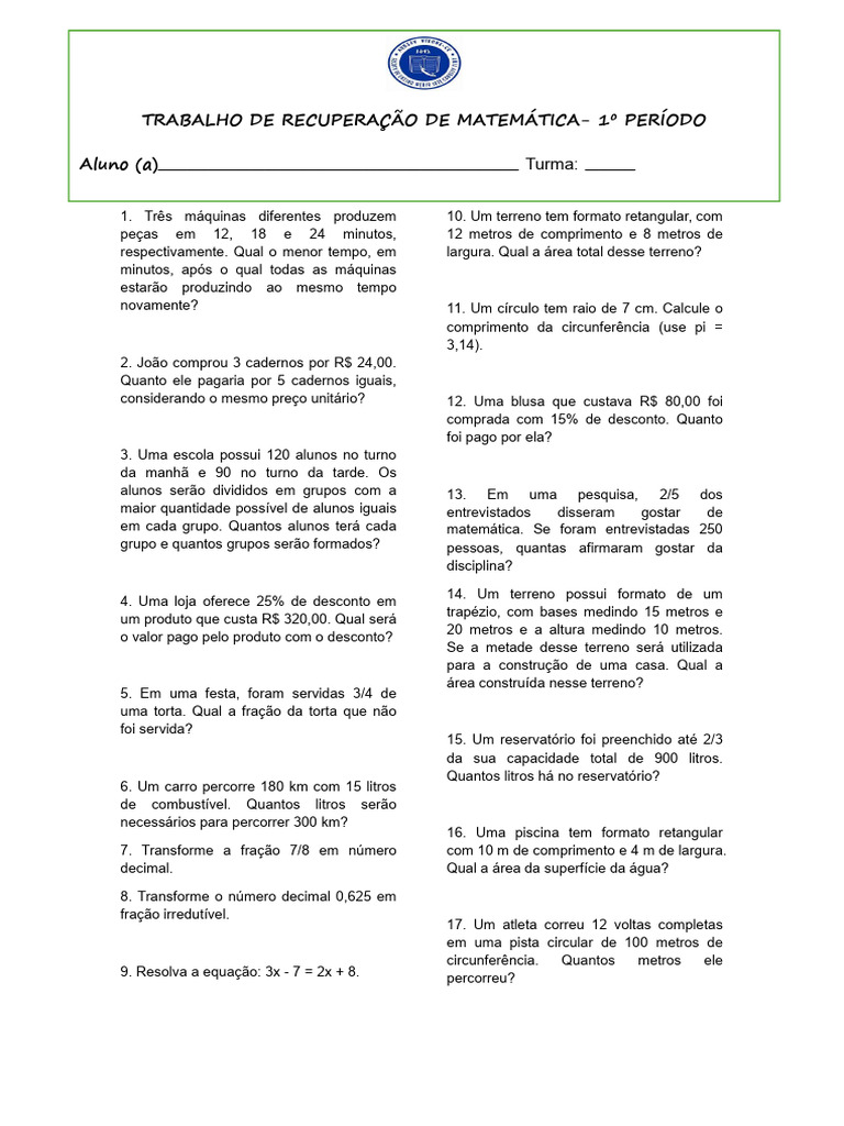 Prova Completa Matemática Ensino Médio | PDF | Metro | Pi
