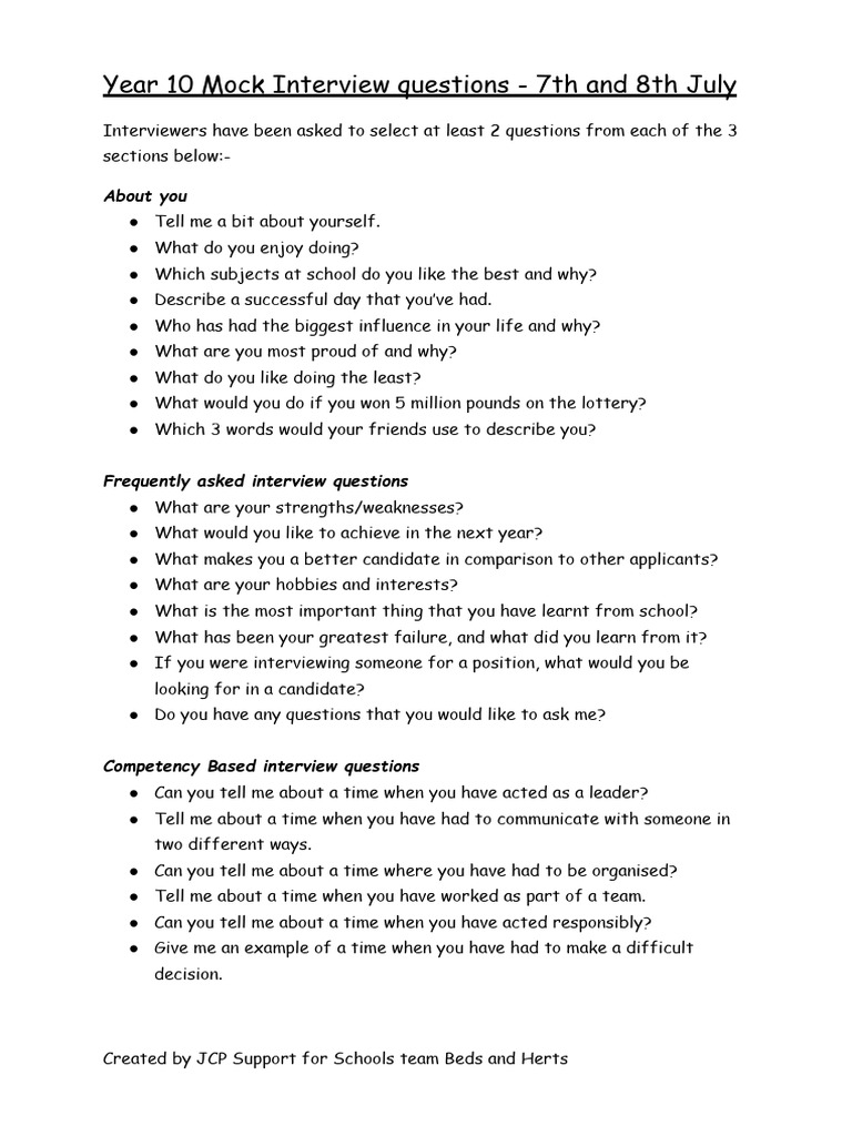 List of Example Interview Questions For Students | PDF