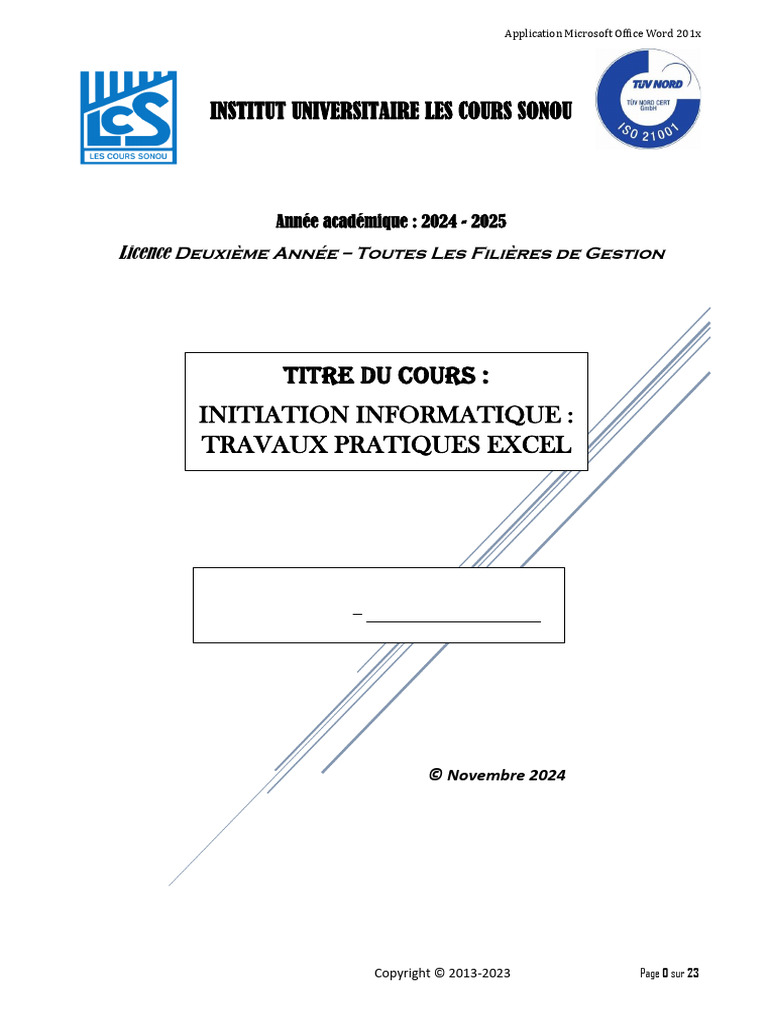 Support D'initiation Informatique À Excel - 2024-2025 Nouveau | PDF ...