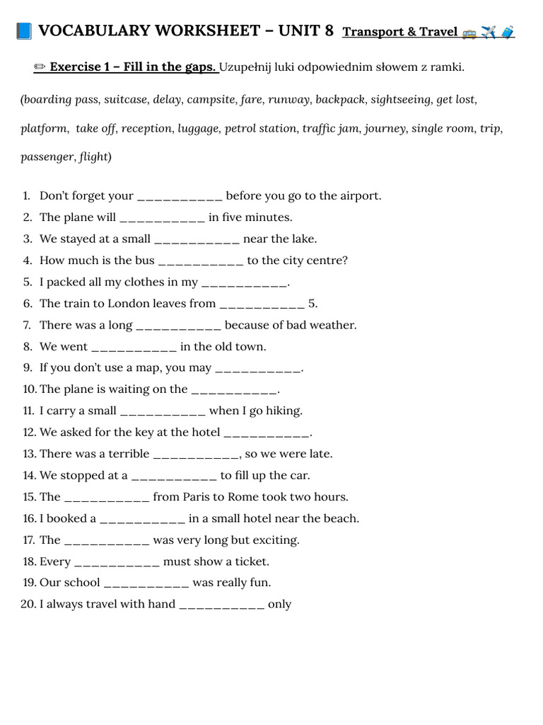 ? Vocabulary Worksheet - Unit 8 Transport & Travel | PDF | Chess ...