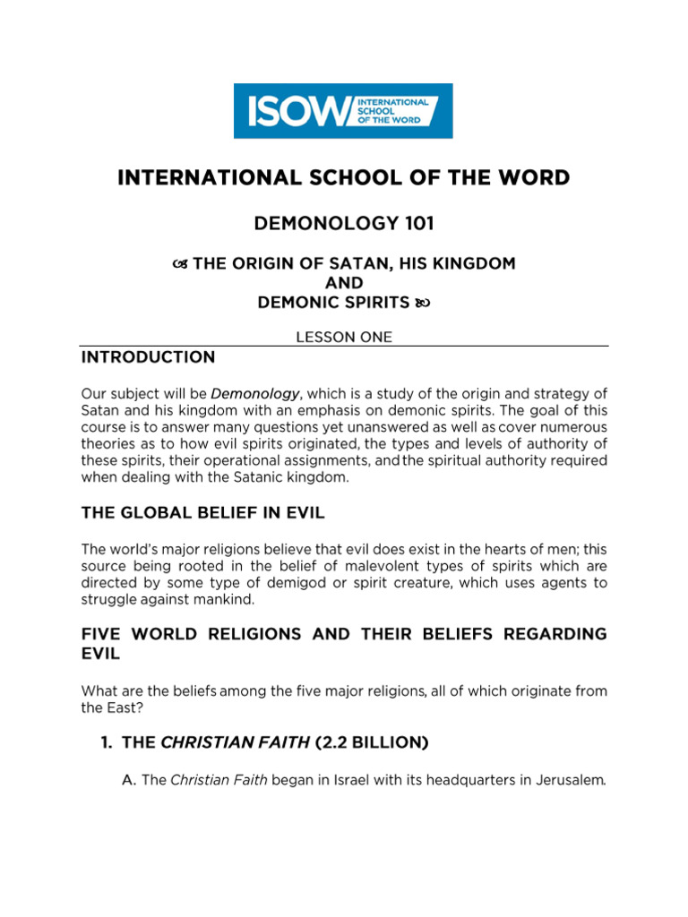 Demonology Lesson 1 The Origin of Satan His Kingdom and Demonic Spirits ...