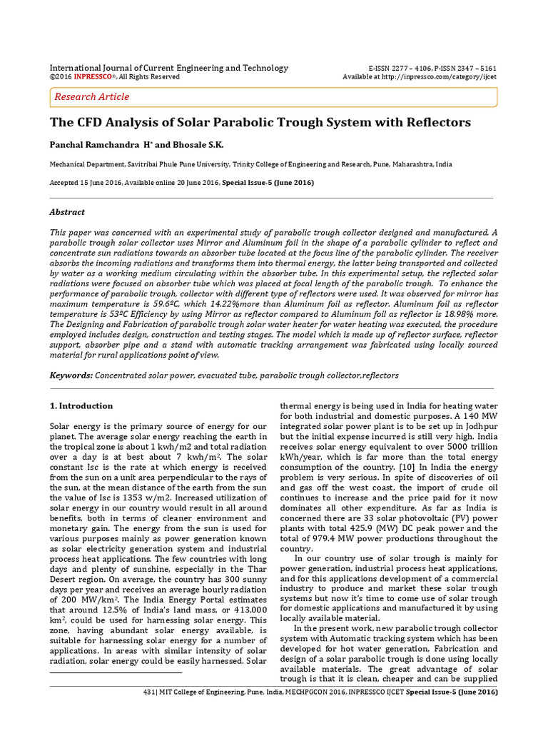 CFD Analysis of Solar Parabolic Trough System With Reflectors | PDF ...